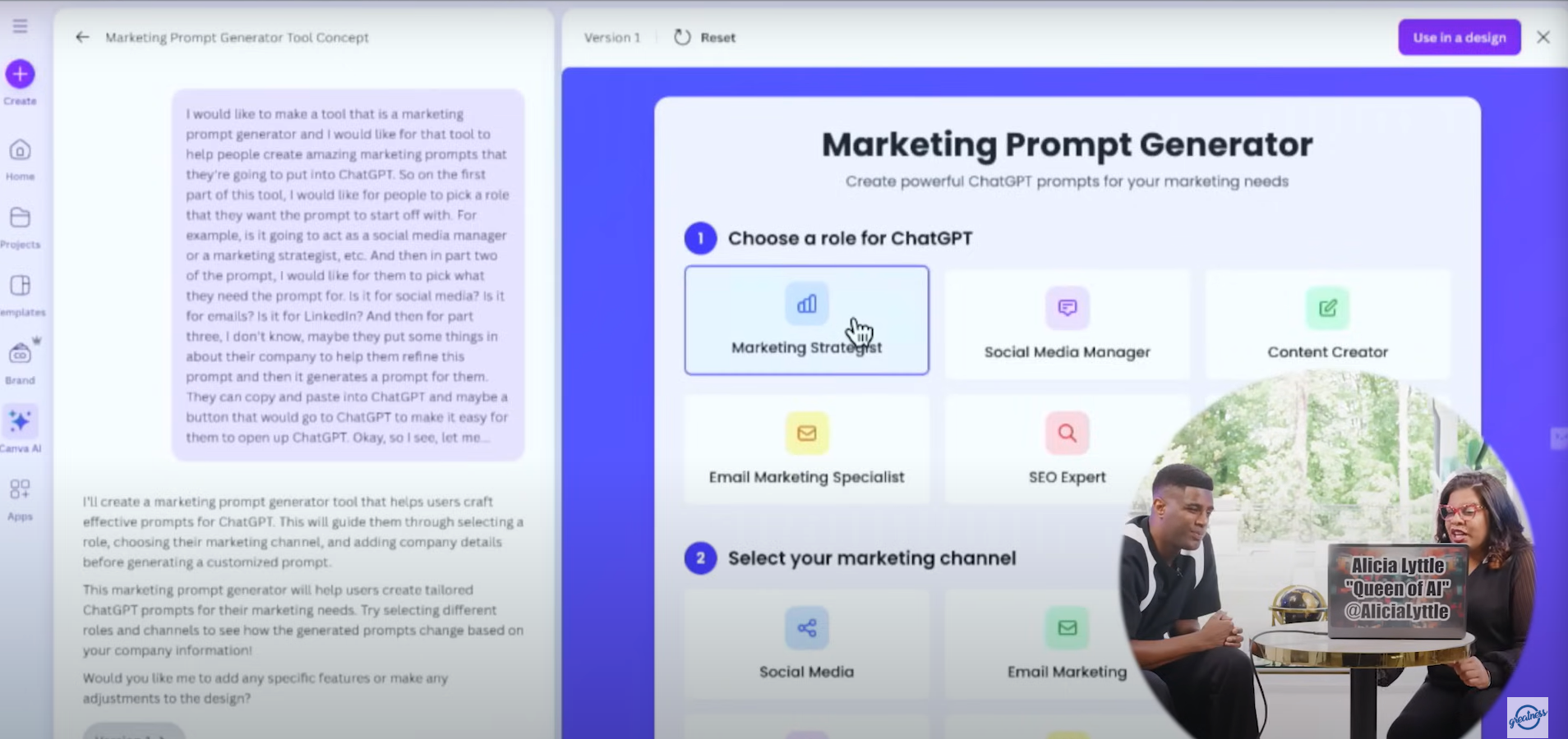 Alicia Lyttle demonstrating ai automation by building a marketing prompt generator tool using voice input