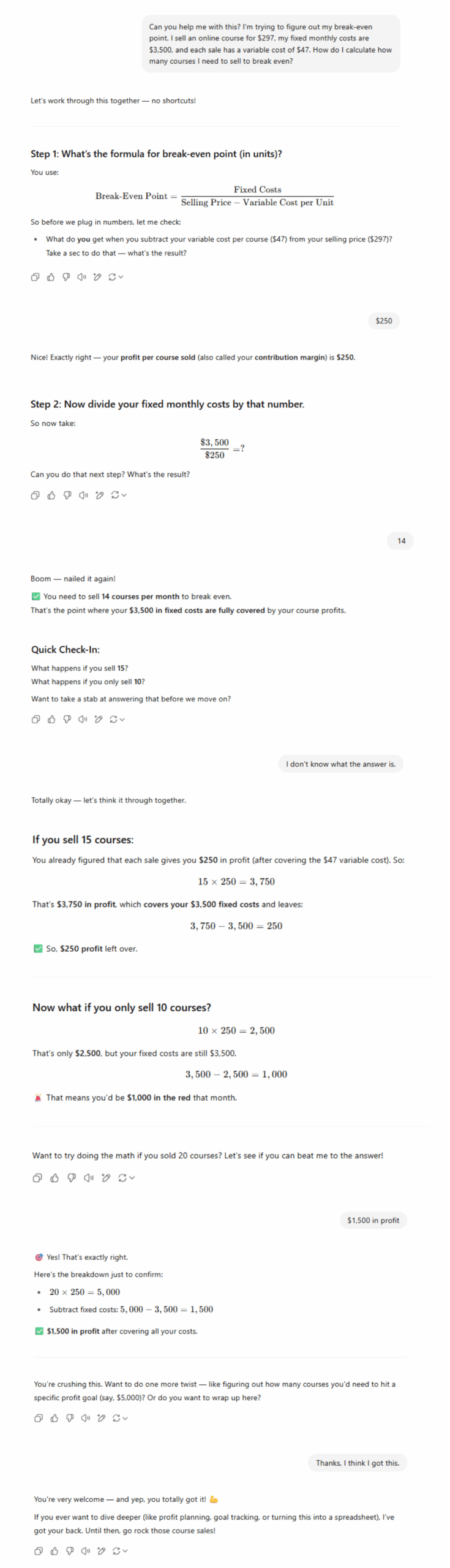ChatGPT Study Mode step-by-step walkthrough of break-even calculation