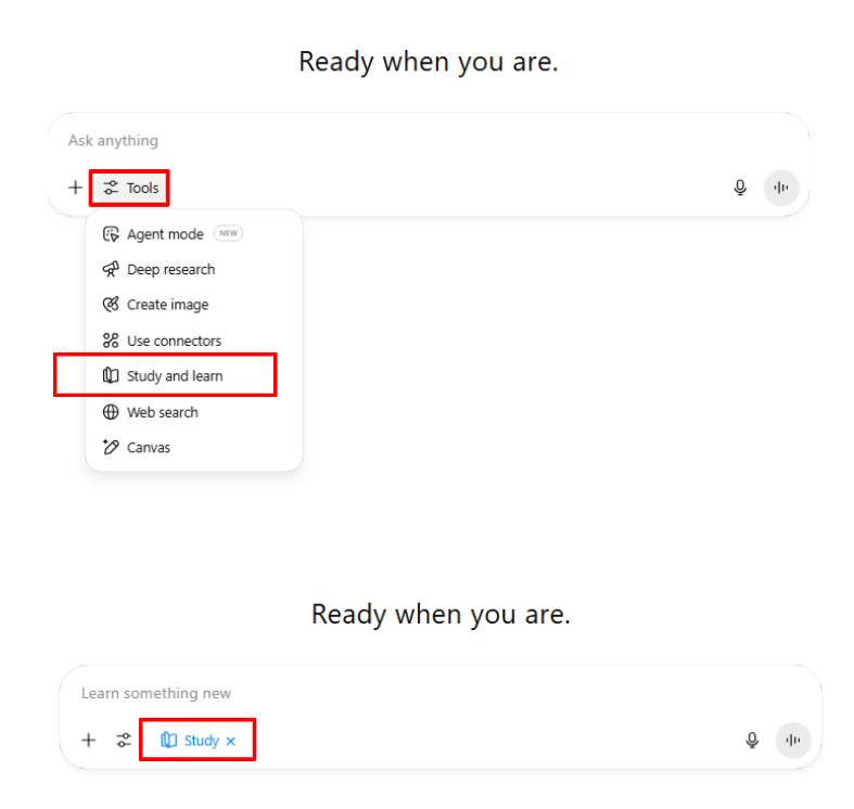  How to activate ChatGPT Study Mode from the Tools menu
