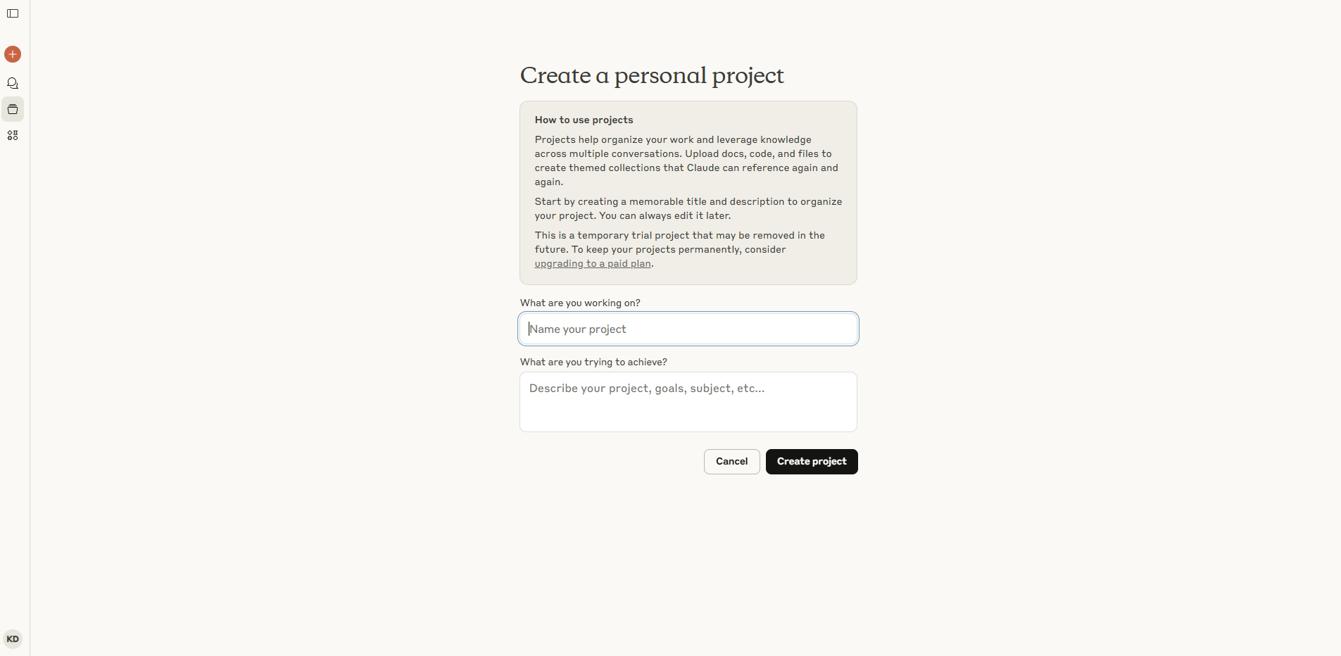 Claude AI tools project creation screen for organizing tasks and content