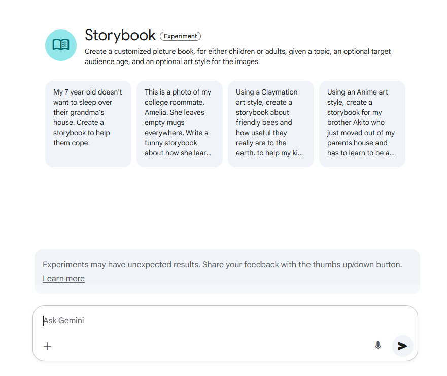 Gemini AI Storybook interface showing prompt examples for creating custom illustrated storybooks