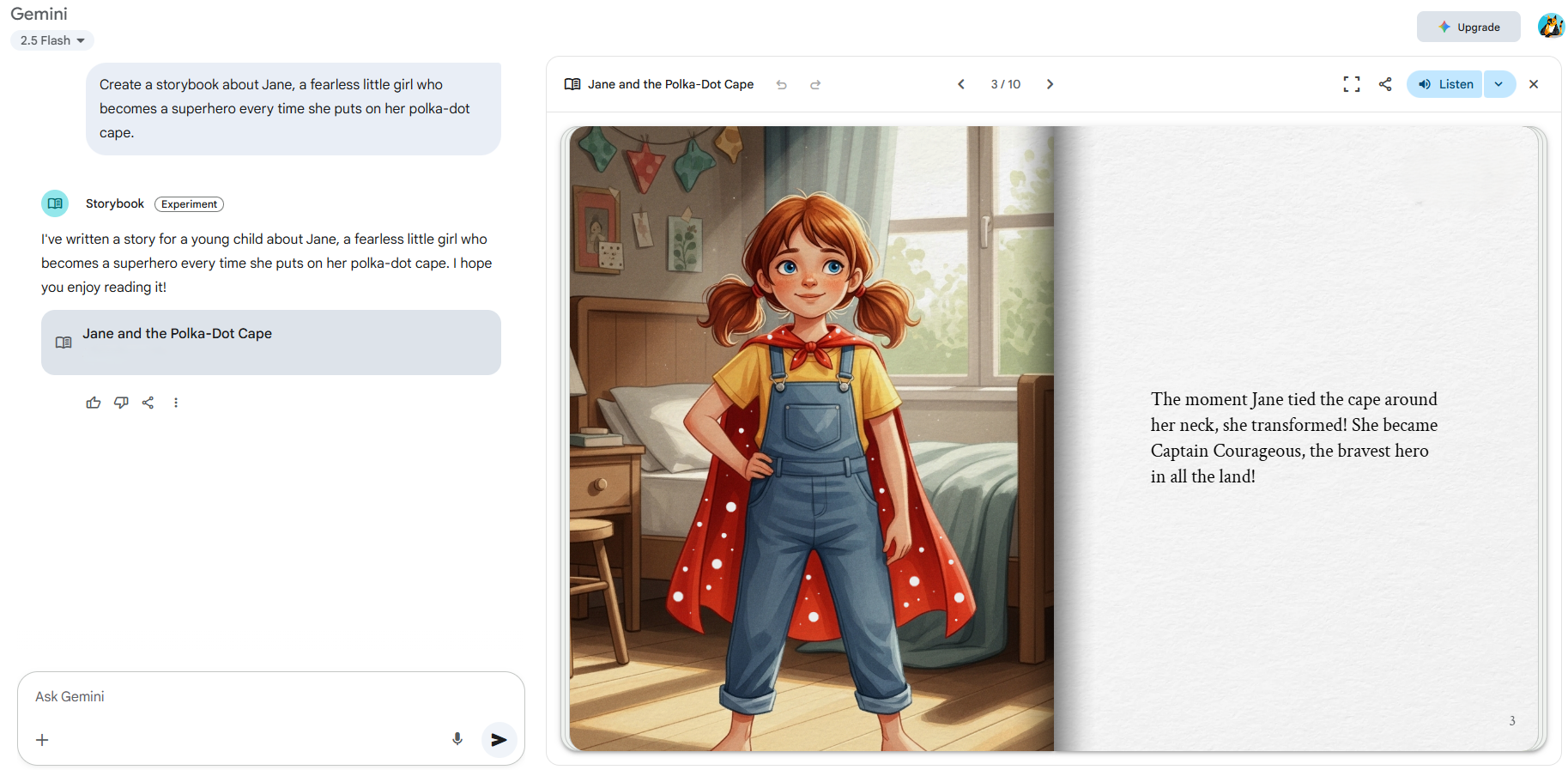 Gemini AI Storybook page showing Jane in a red polka-dot cape transforming into a superhero