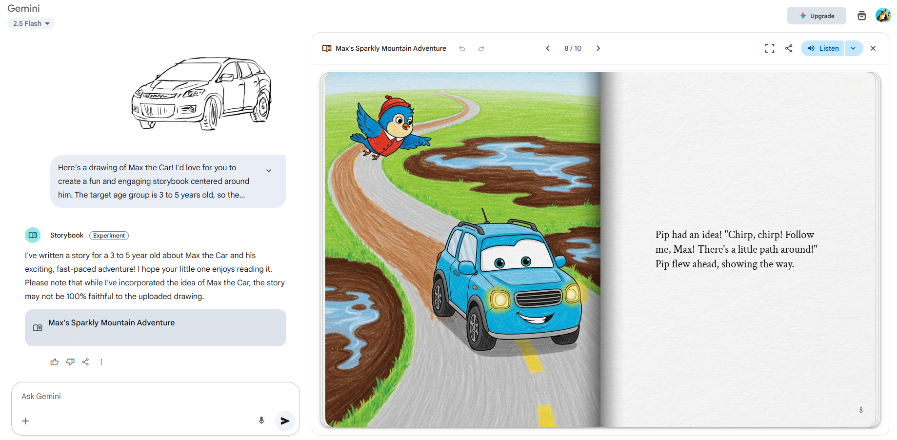 Gemini AI Storybook page showing Max the blue car and his bird friend Pip on a winding road