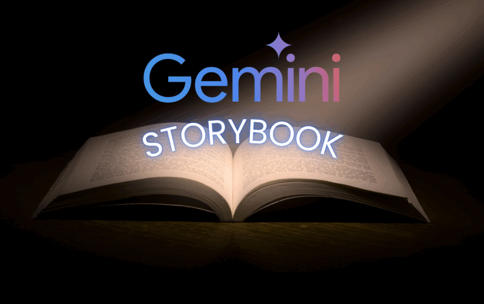 Gemini AI Storybook logo over an open book representing Google's visual storytelling feature