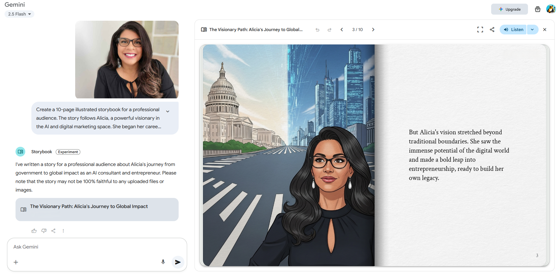 Gemini AI Storybook page showing Alicia against a backdrop of the U.S. Capitol and a futuristic city skyline
