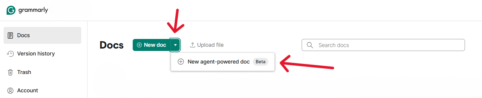 Grammarly AI features interface showing document creation and agent-powered options