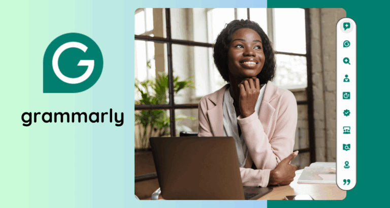 Professional woman using laptop with Grammarly AI features in a modern workspace
