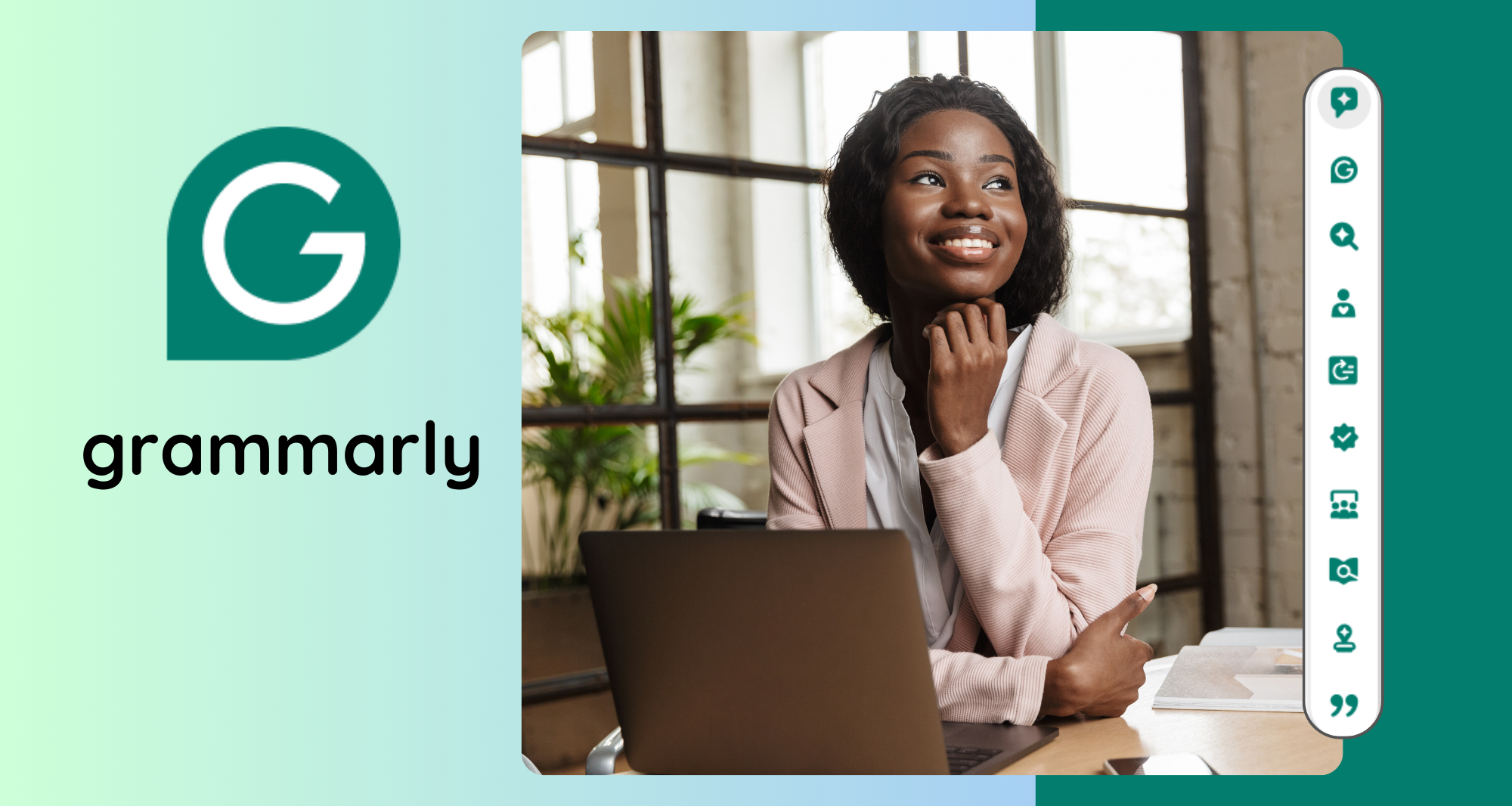 Professional woman using laptop with Grammarly AI features in a modern workspace