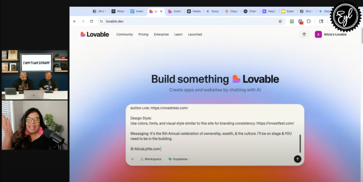 Live demo of Alicia Lyttle using Lovable AI for content creation during Earn Your Leisure podcast