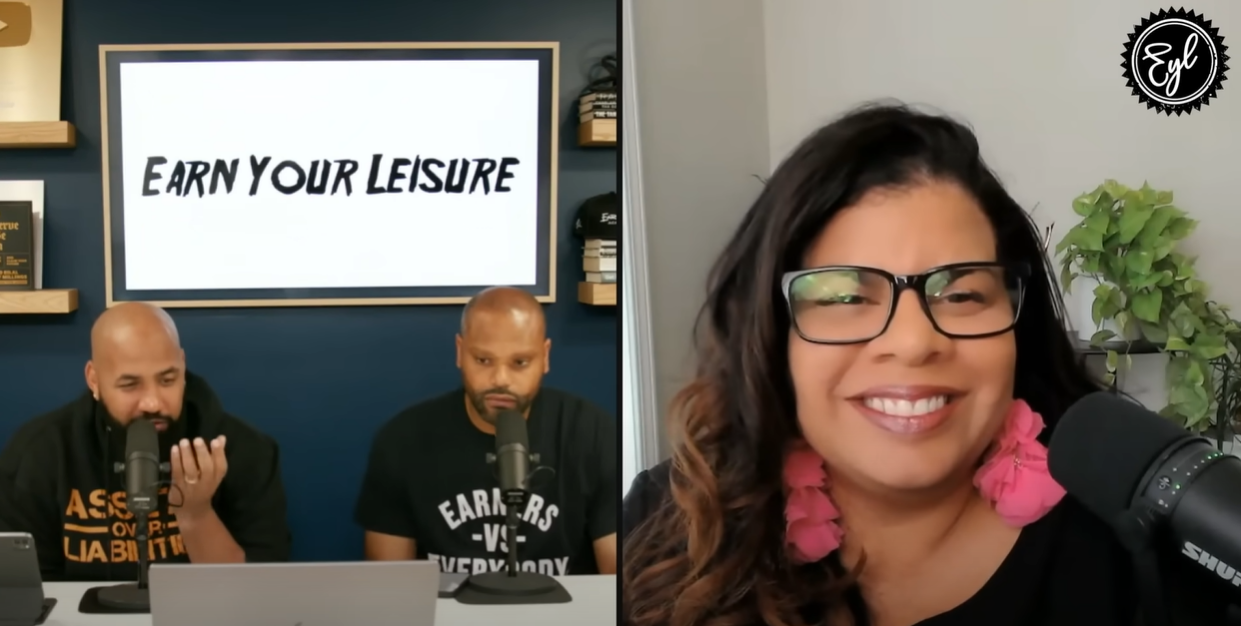 Split-screen podcast featuring Alicia Lyttle and Earn Your Leisure hosts discussing real results from AI for content creation