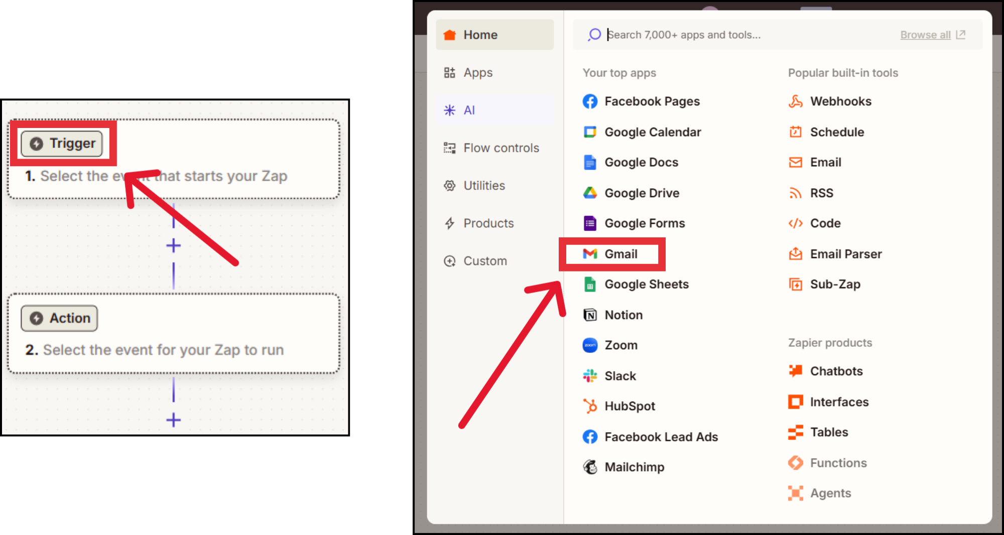 Gmail to Google Sheets automation app selection in Zapier