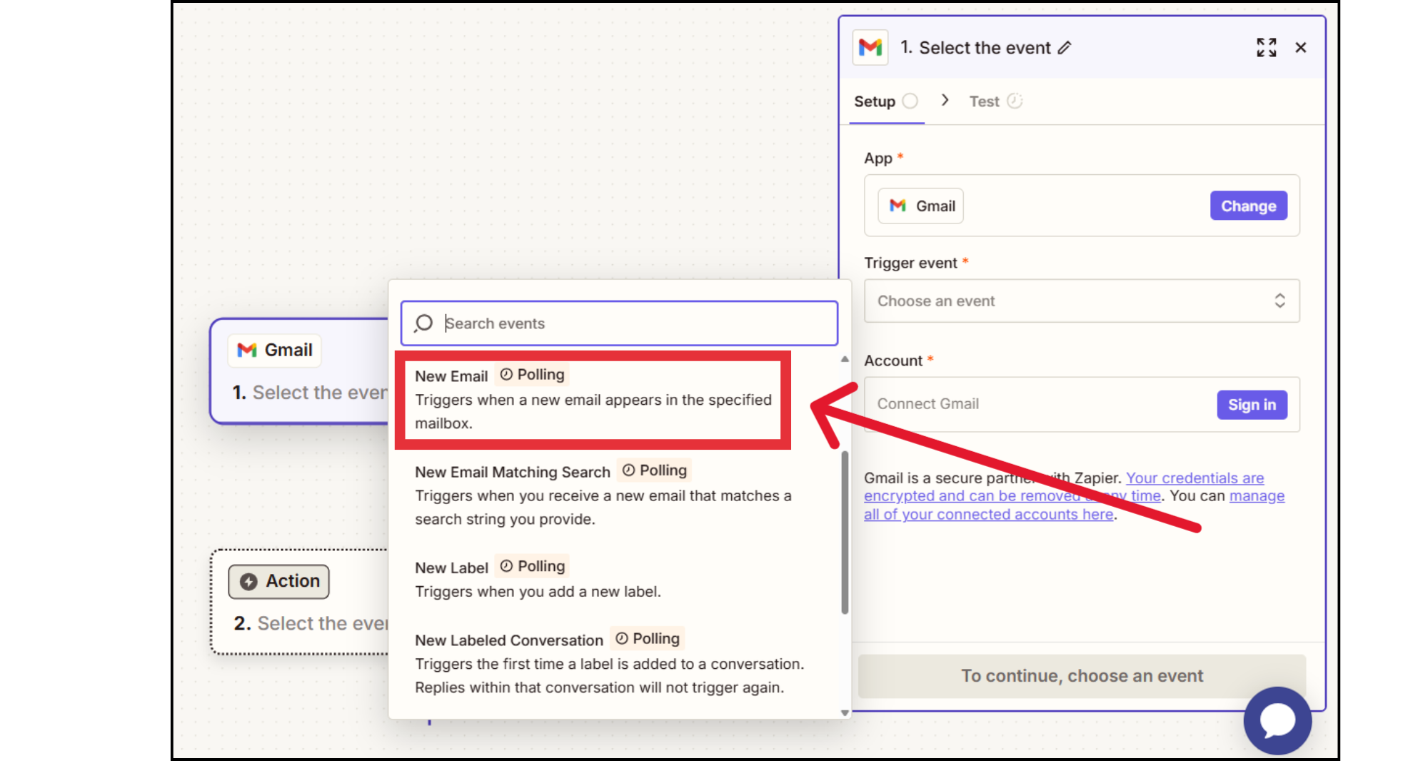 Gmail to Google Sheets automation trigger event setup in Zapier