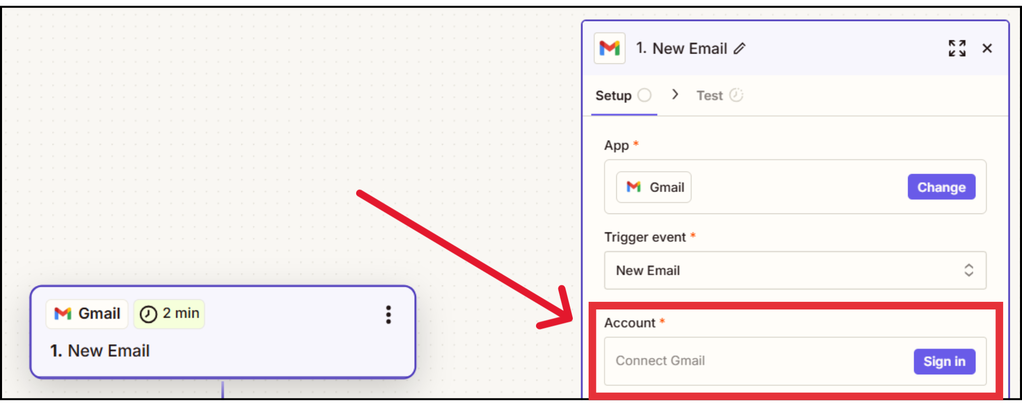 Gmail to Google Sheets automation Gmail account connection in Zapier