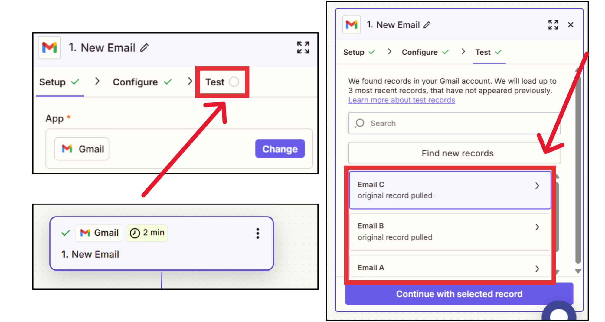 Gmail to Google Sheets automation Gmail trigger test in Zapier
