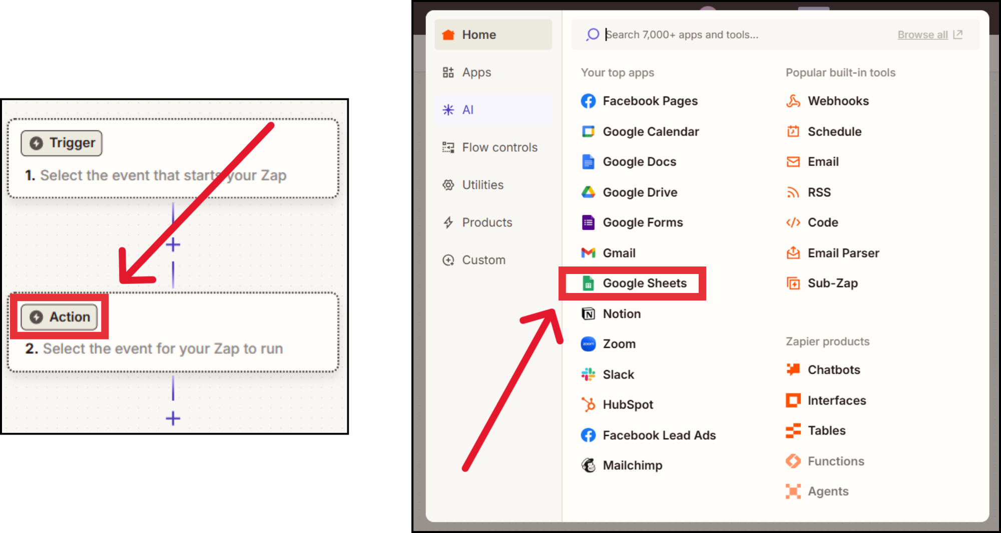 Gmail to Google Sheets automation Google Sheets app selection in Zapier