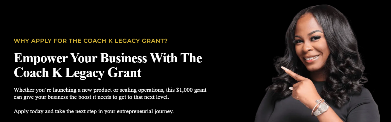 Coach K Legacy Grant promotional image highlighting $1,000 opportunity for entrepreneurs using grant writing with AI 