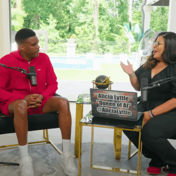 Alicia Lyttle podcast interview setup with Queen of A.I. sign, discussing how to make money with AI