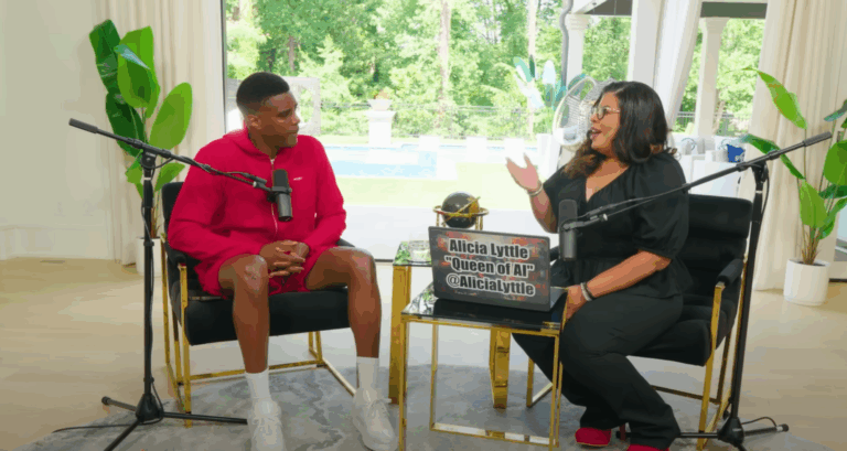 Alicia Lyttle podcast interview setup with Queen of A.I. sign, discussing how to make money with AI