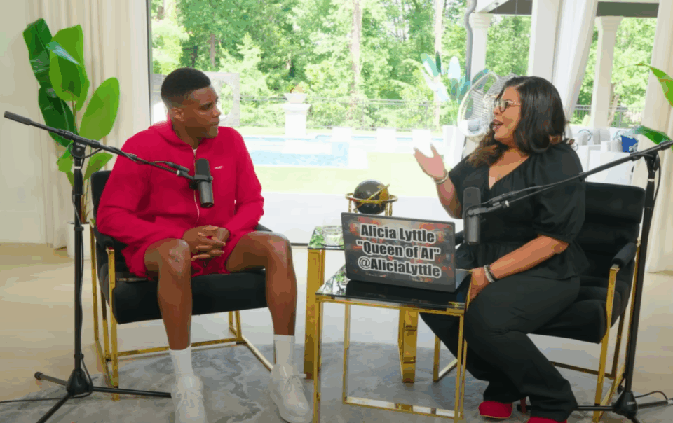 Alicia Lyttle podcast interview setup with Queen of A.I. sign, discussing how to make money with AI