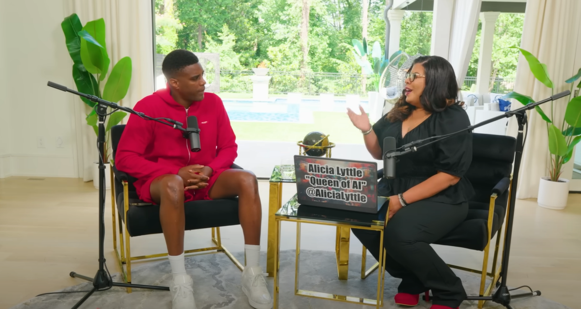 Alicia Lyttle podcast interview setup with Queen of A.I. sign, discussing how to make money with AI