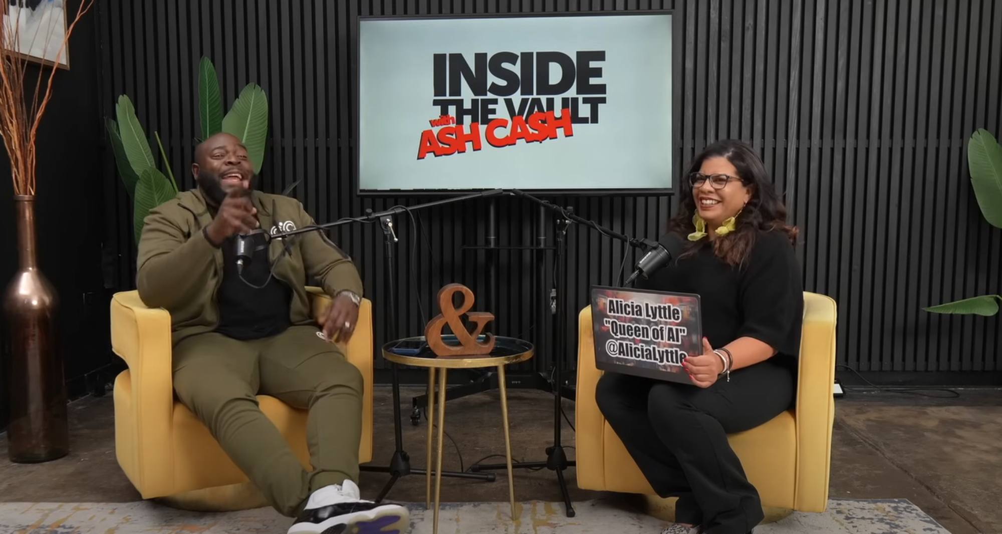 Podcast interview setup featuring Alicia Lyttle and Ash Cash introducing the AI Income System for entrepreneurs and wealth creation.