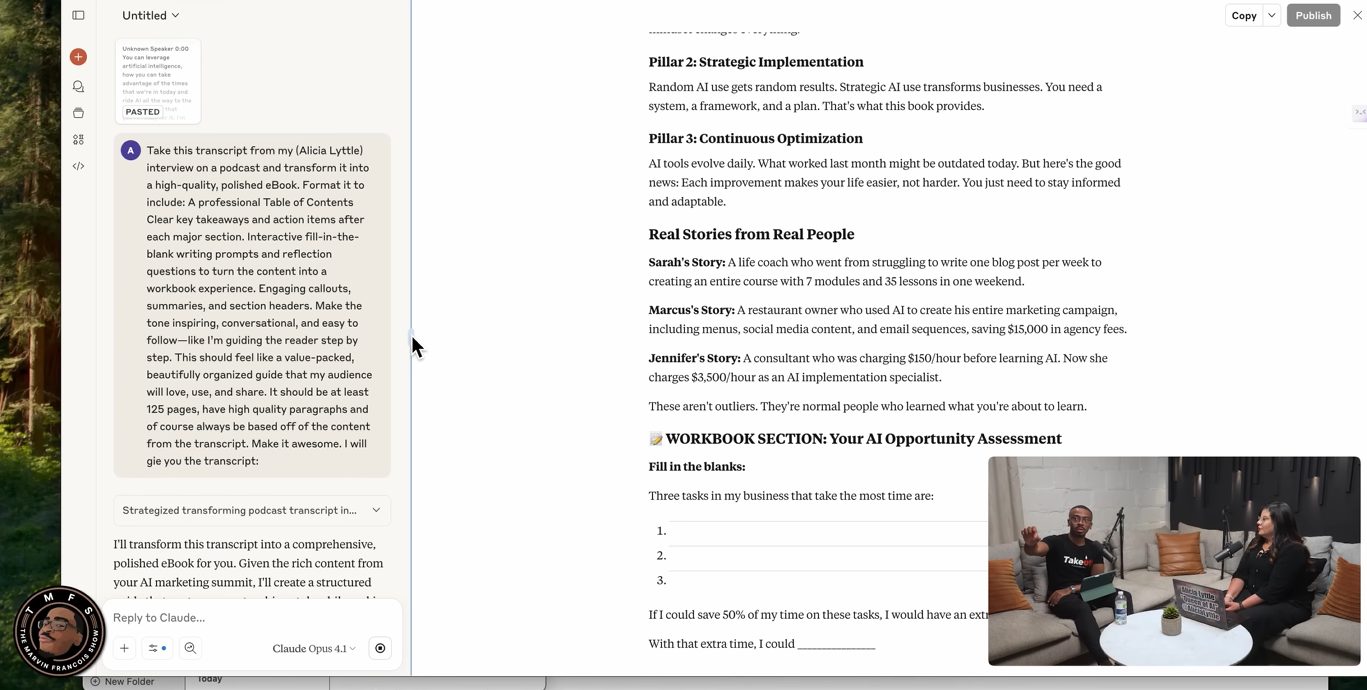 Workbook showing how scaling with AI turns a podcast into a book
