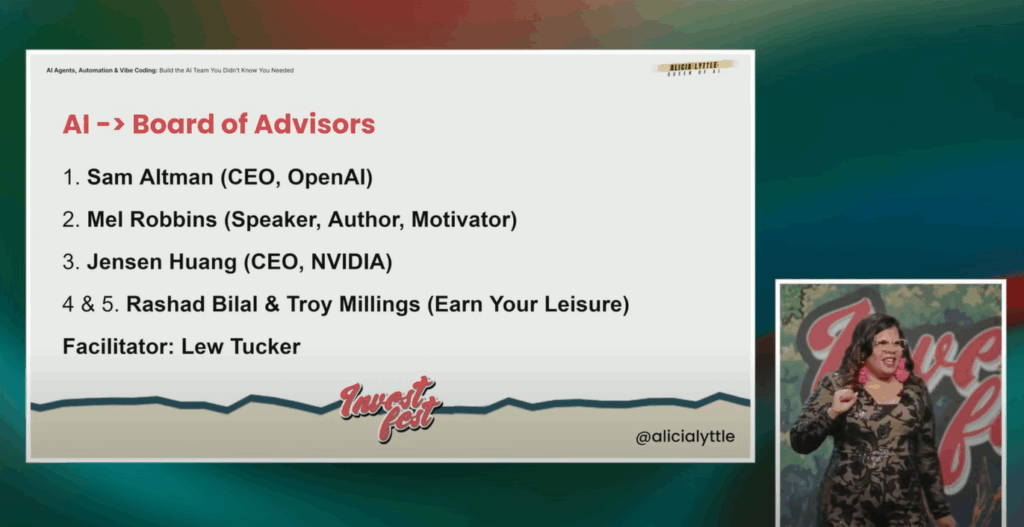 Slide showing Alicia Lyttle’s AI board of advisors used to build your AI team