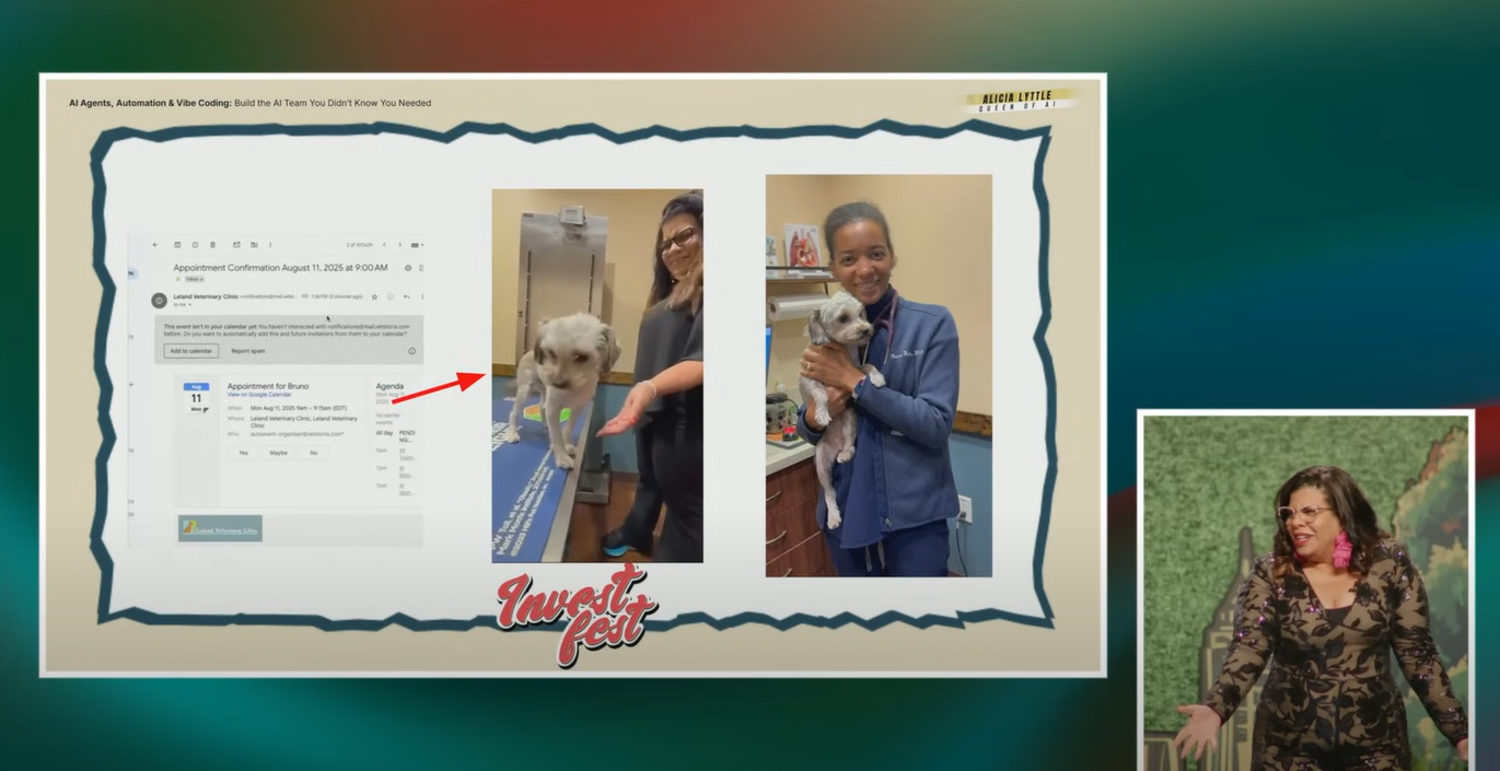 Slide showing how Alicia used AI to automate a vet appointment for Bruno and build your AI team