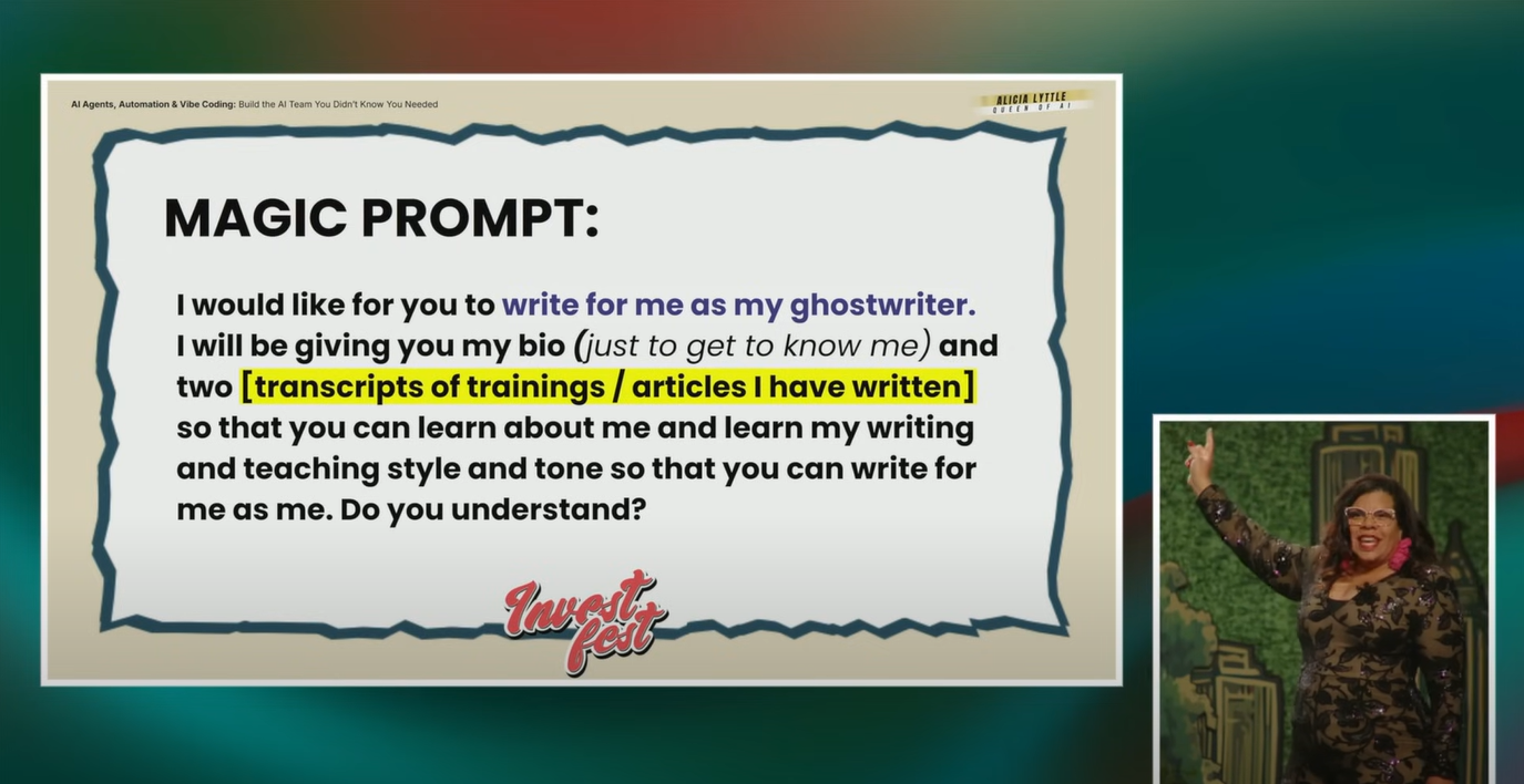 Slide showing Alicia Lyttle’s magic prompt to build your AI team with authentic voice
