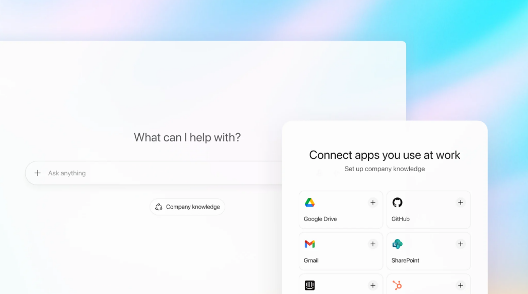 ChatGPT Company Knowledge setup screen showing app integrations like Google Drive, GitHub, Gmail, SharePoint, and Slack