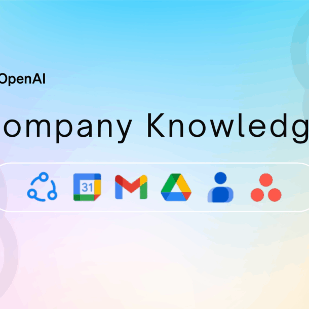 OpenAI Company Knowledge feature with icons of integrated tools like Google Drive, Gmail, and Asana