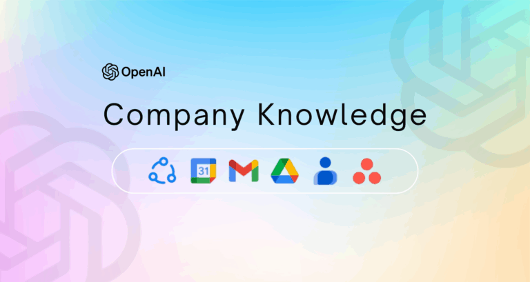 OpenAI Company Knowledge feature with icons of integrated tools like Google Drive, Gmail, and Asana