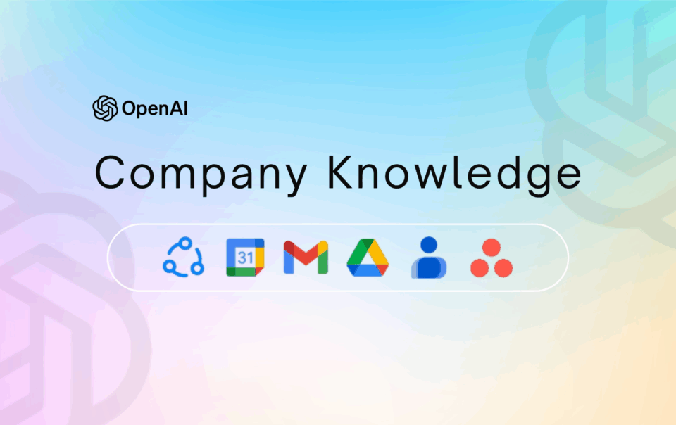 OpenAI Company Knowledge feature with icons of integrated tools like Google Drive, Gmail, and Asana