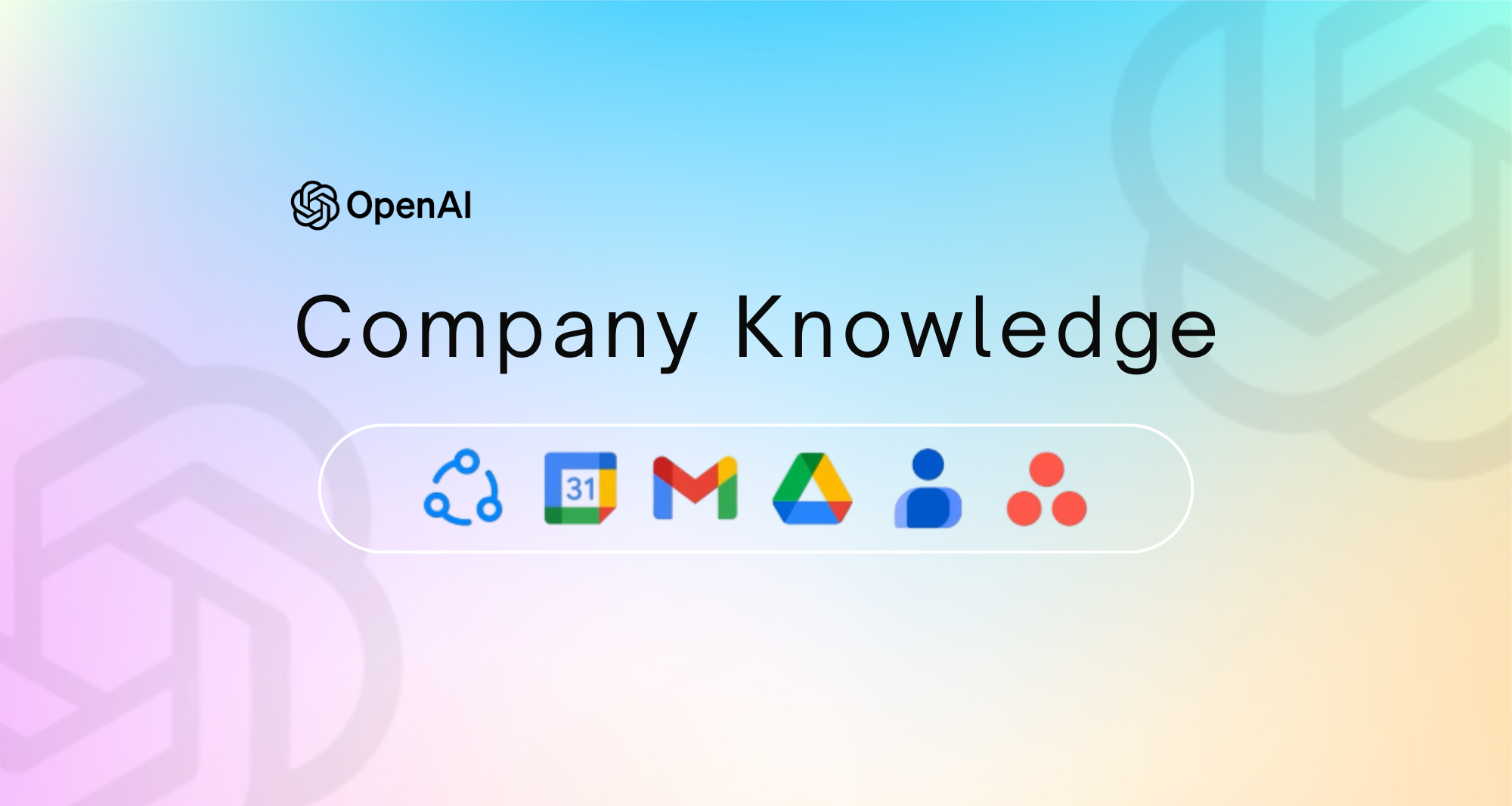 OpenAI Company Knowledge feature with icons of integrated tools like Google Drive, Gmail, and Asana