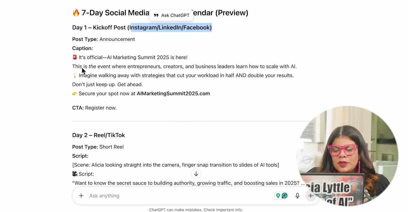 ChatGPT for entrepreneurs 30-day content calendar preview for AI Marketing Summit social media strategy