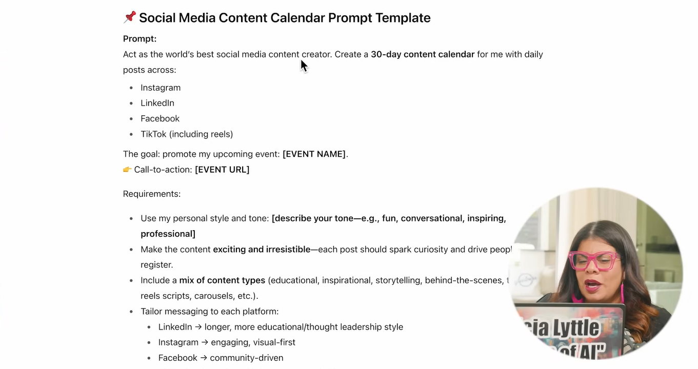 ChatGPT for entrepreneurs prompt template for creating a 30-day social media content calendar