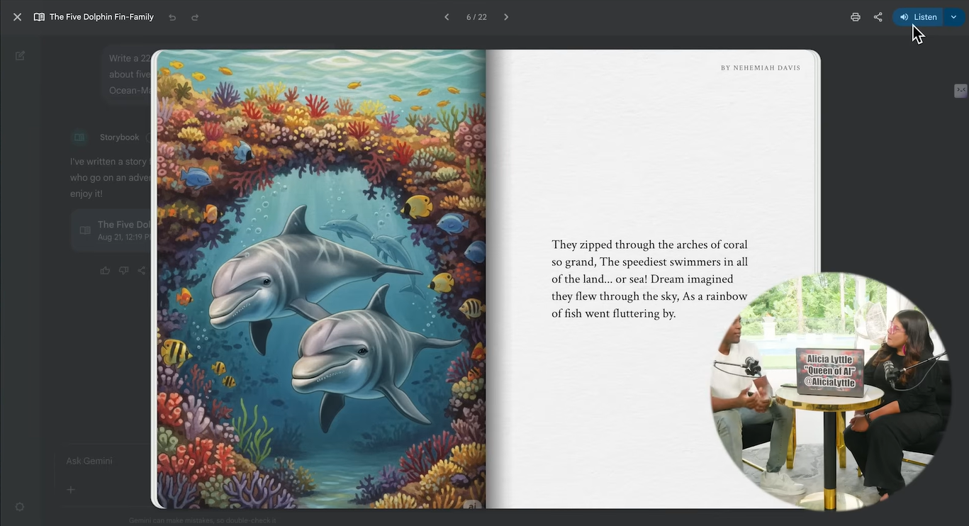 Children’s storybook page created with ChatGPT for entrepreneurs featuring dolphin characters and coral reef illustration