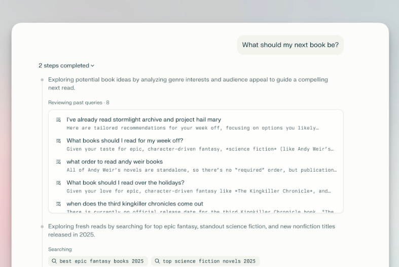 AI assistant interface showing personalized book recommendations based on genre and past queries