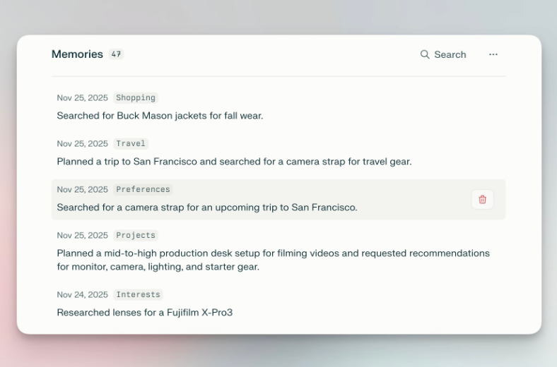 AI assistant memory interface showing categorized activity history for shopping, travel, and preferences