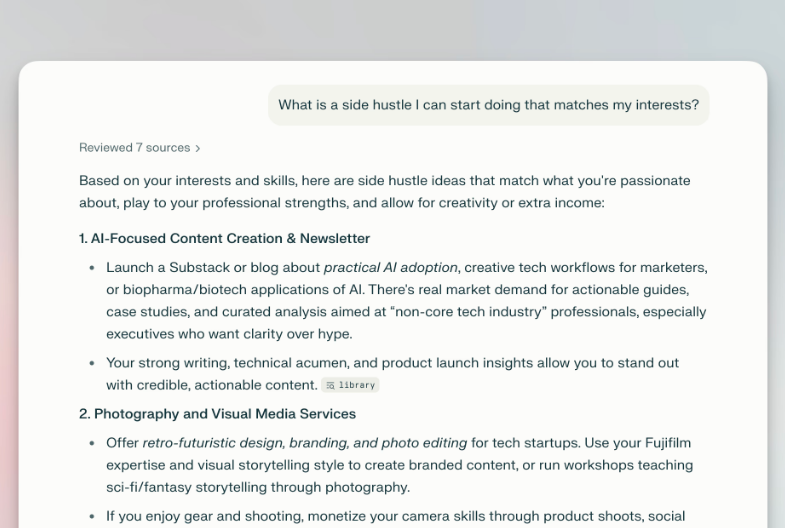 AI assistant interface showing personalized side hustle ideas based on user interests and skills