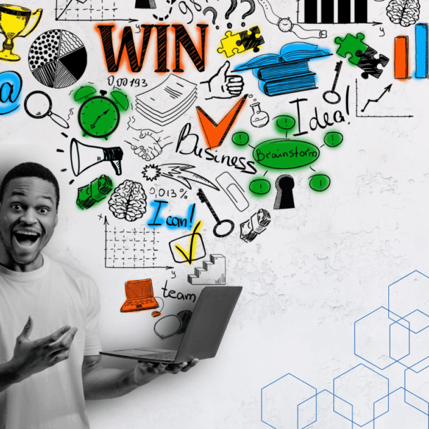 Person pointing at laptop with business icons and motivational words, symbolizing AI Knowledge Base setup