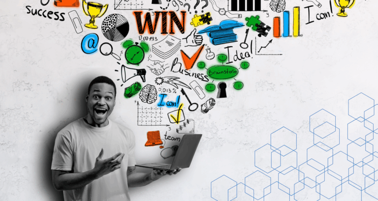 Person pointing at laptop with business icons and motivational words, symbolizing AI Knowledge Base setup