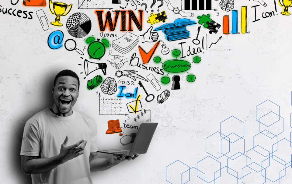 Person pointing at laptop with business icons and motivational words, symbolizing AI Knowledge Base setup