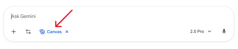 AI presentations Gemini interface showing Canvas icon for slide generation