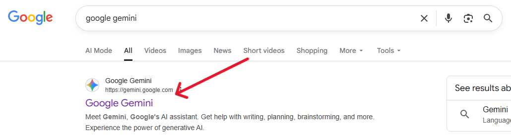 AI presentations Gemini search result showing gemini.google.com link