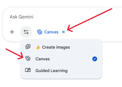 AI presentations Gemini toolbar showing Canvas selection