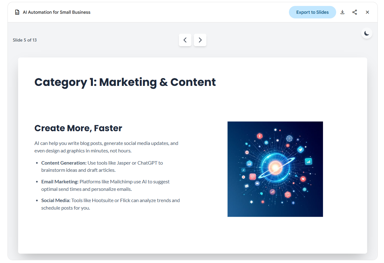 AI presentations showcasing marketing and content automation tools