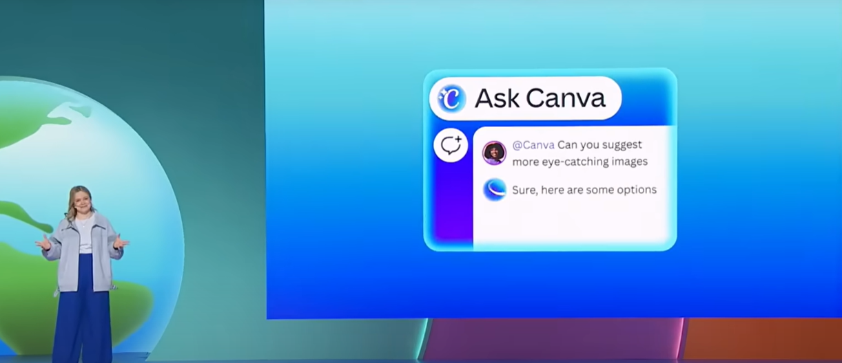 Explainer image showing Ask Canva’s AI-powered design assistant in action