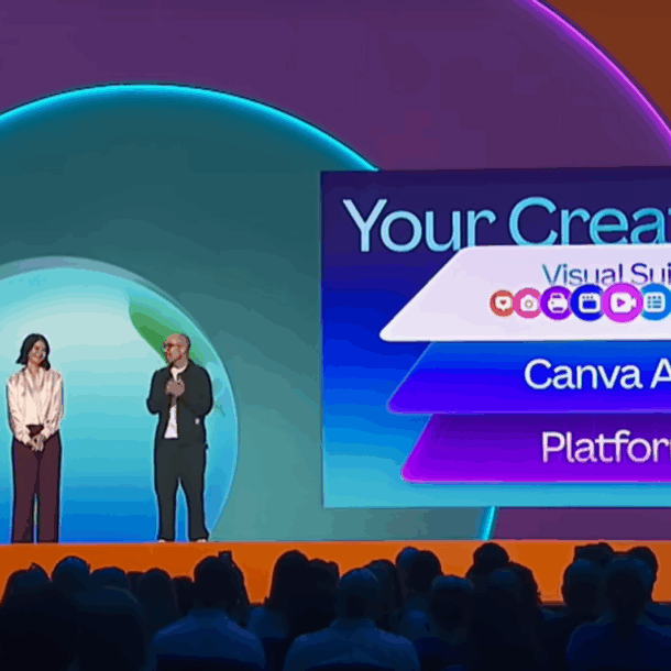 Canva co-founders presenting the Creative Operating System at the 2025 World Tour keynote