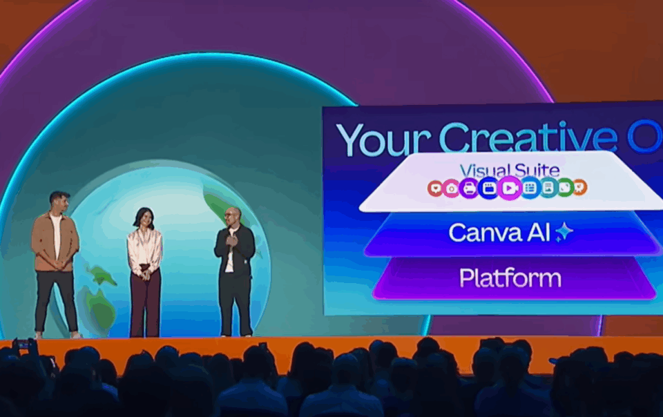Canva co-founders presenting the Creative Operating System at the 2025 World Tour keynote